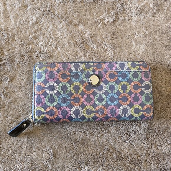 Coach Waverly Coated Canvas Accordion Zip Around Wallet 43628 Navy Card Slot - Picture 2 of 9